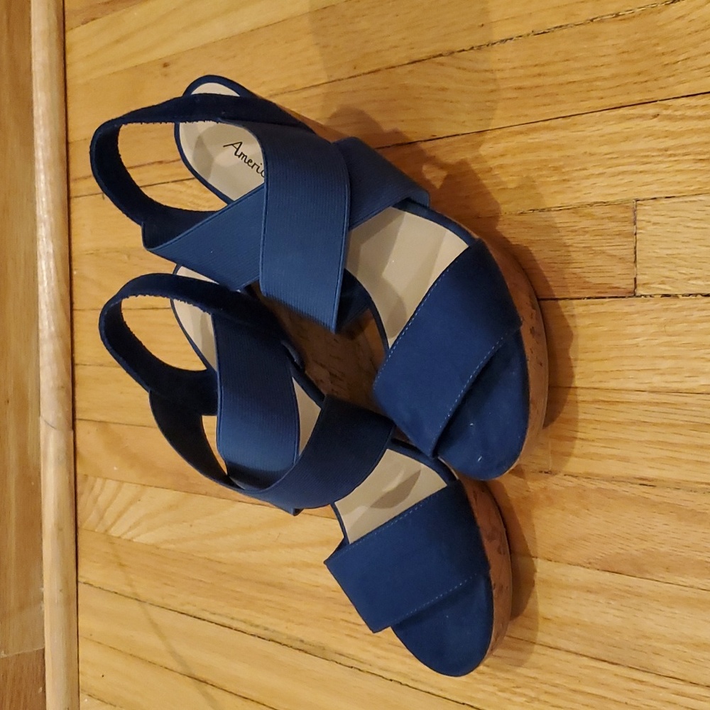 Blue/Cork Wedge Heels, size 6.5